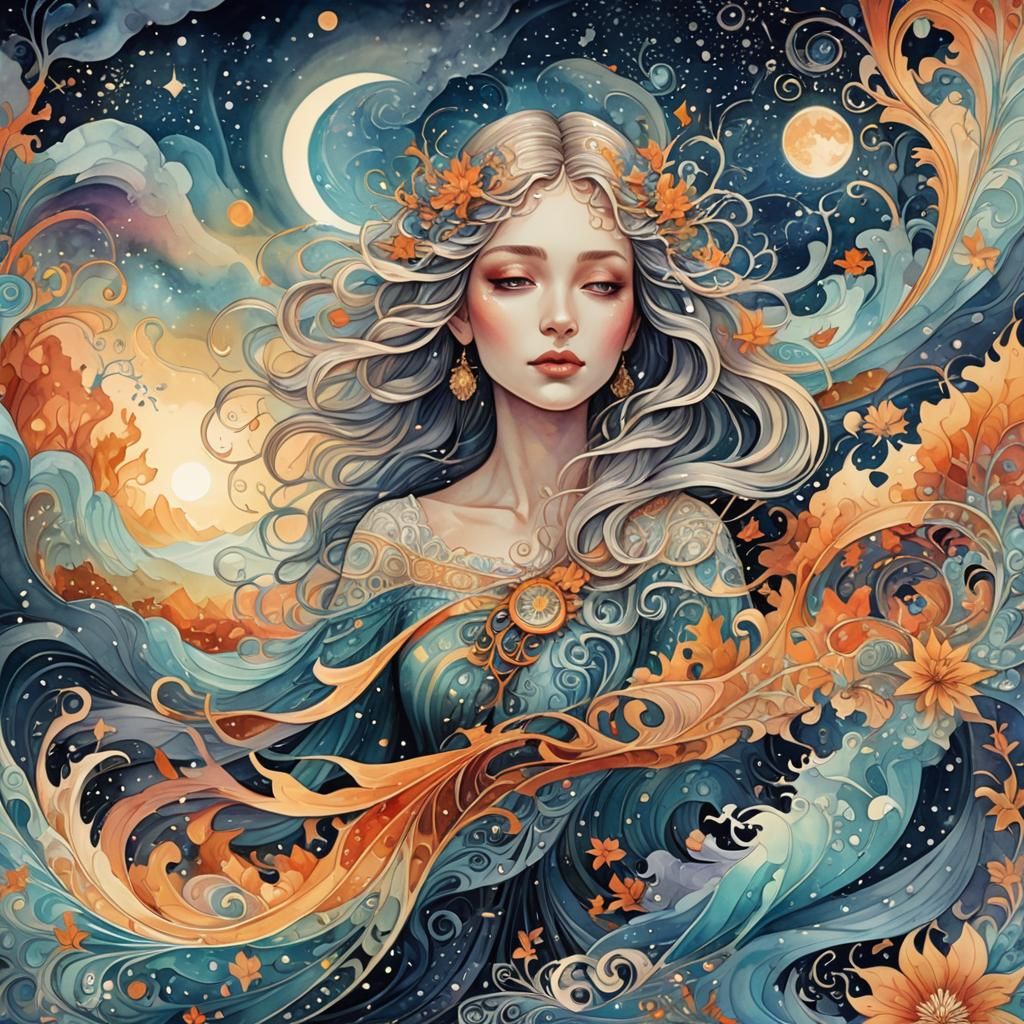 Mystical Dreamer in Watercolor Abstract Landscape