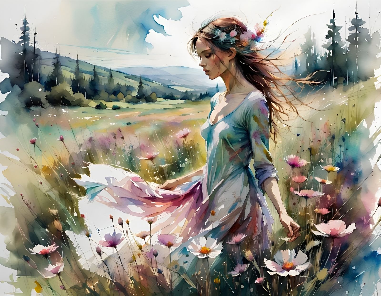 Bloom Meadow Watercolor Landscape: Ethereal Beauty