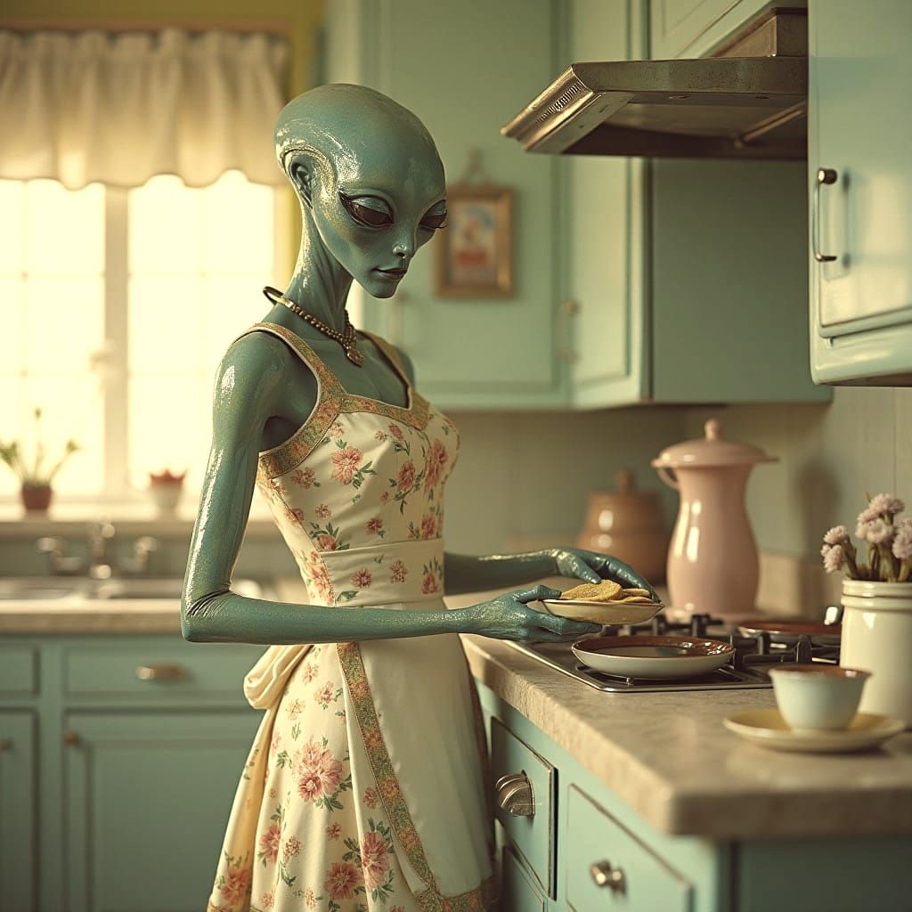 Vintage Alien Housewife in 1950s Kitchen