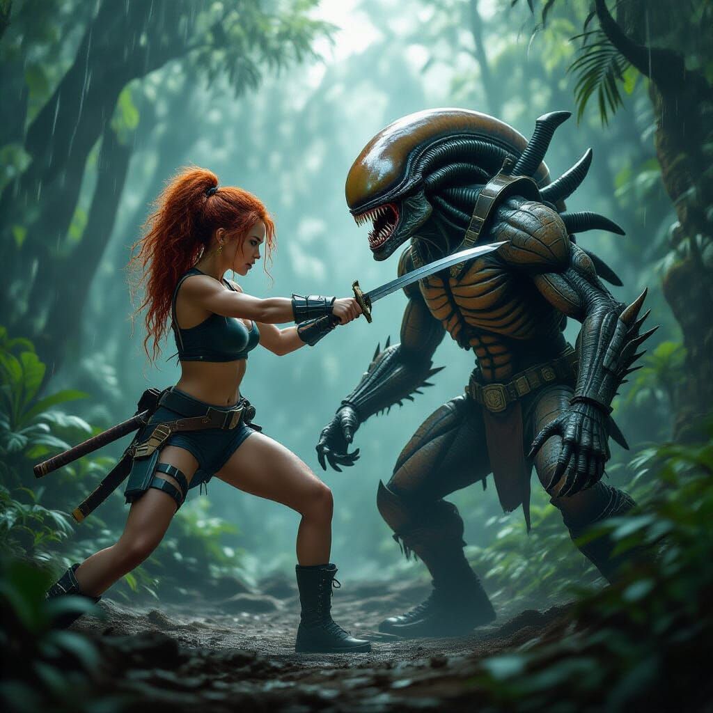 Woman with Katana in Rainforest Fight