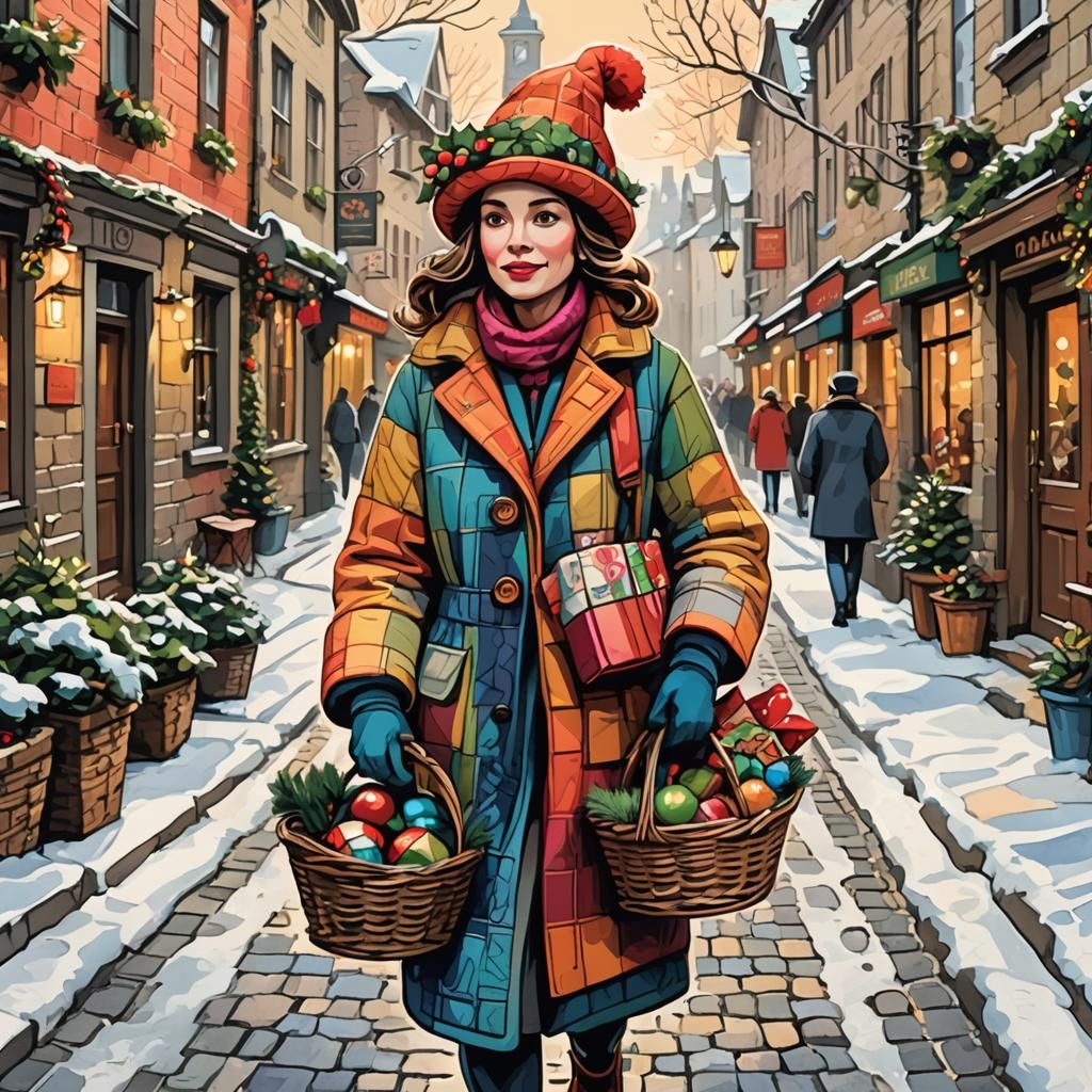 Festive Winter Scene in Vintage Art Style