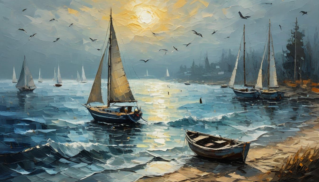 Impasto Wax Painting of Vintage Sailboats in a Tranquil Harb...