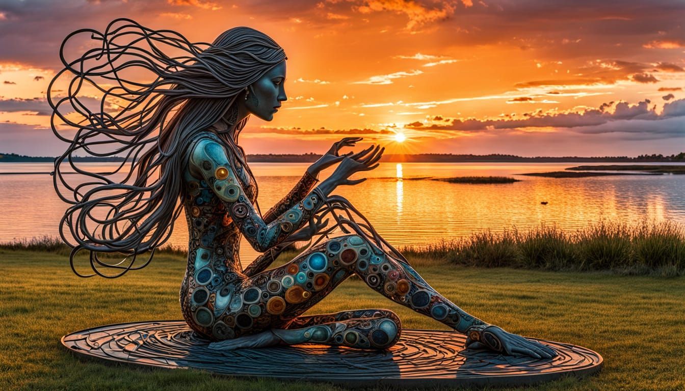 Surreal Fragmented Sculpture of Woman at Sunset