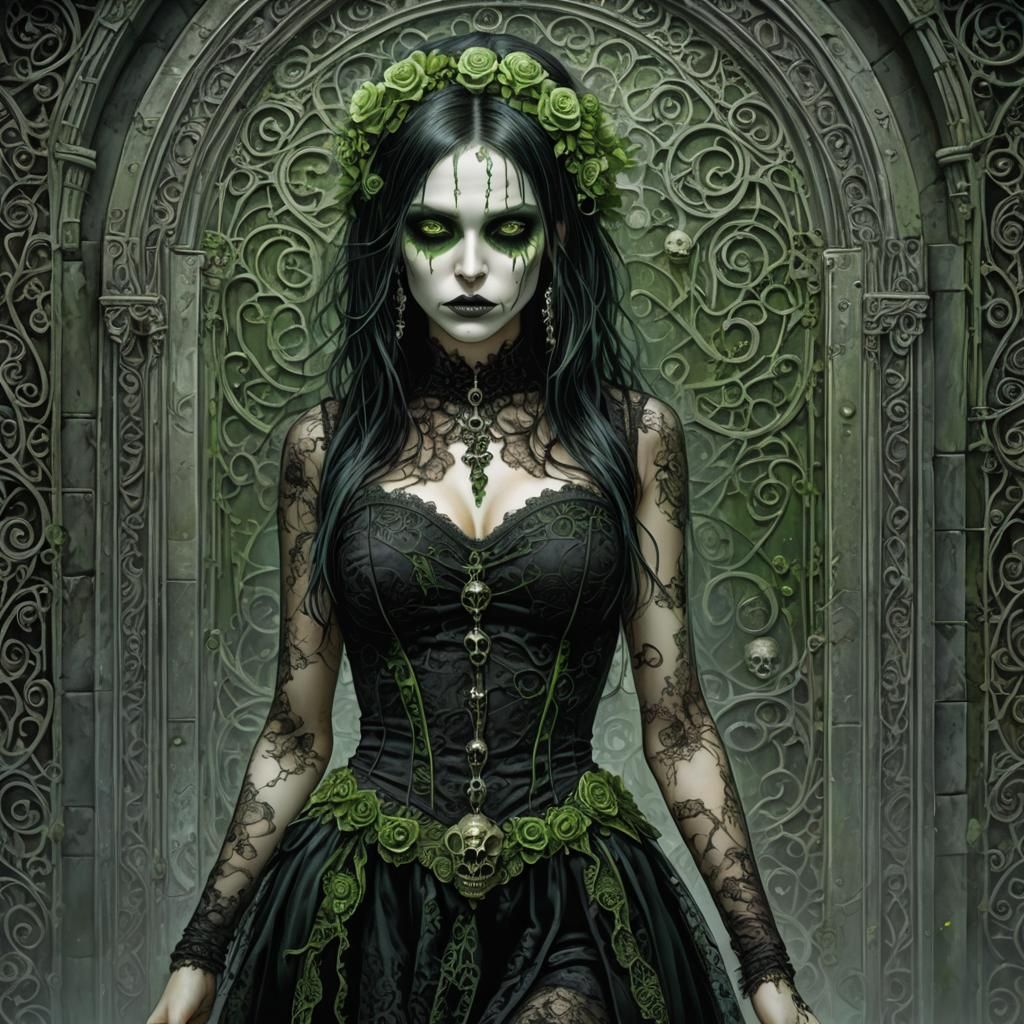 Cute Goth Girl with Green Eyes in Bioluminescent Fantasy