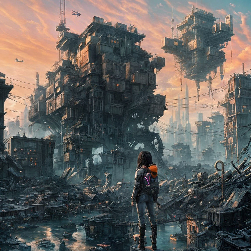 Cyberpunk Girl and Kitten in Polluted Cityscape