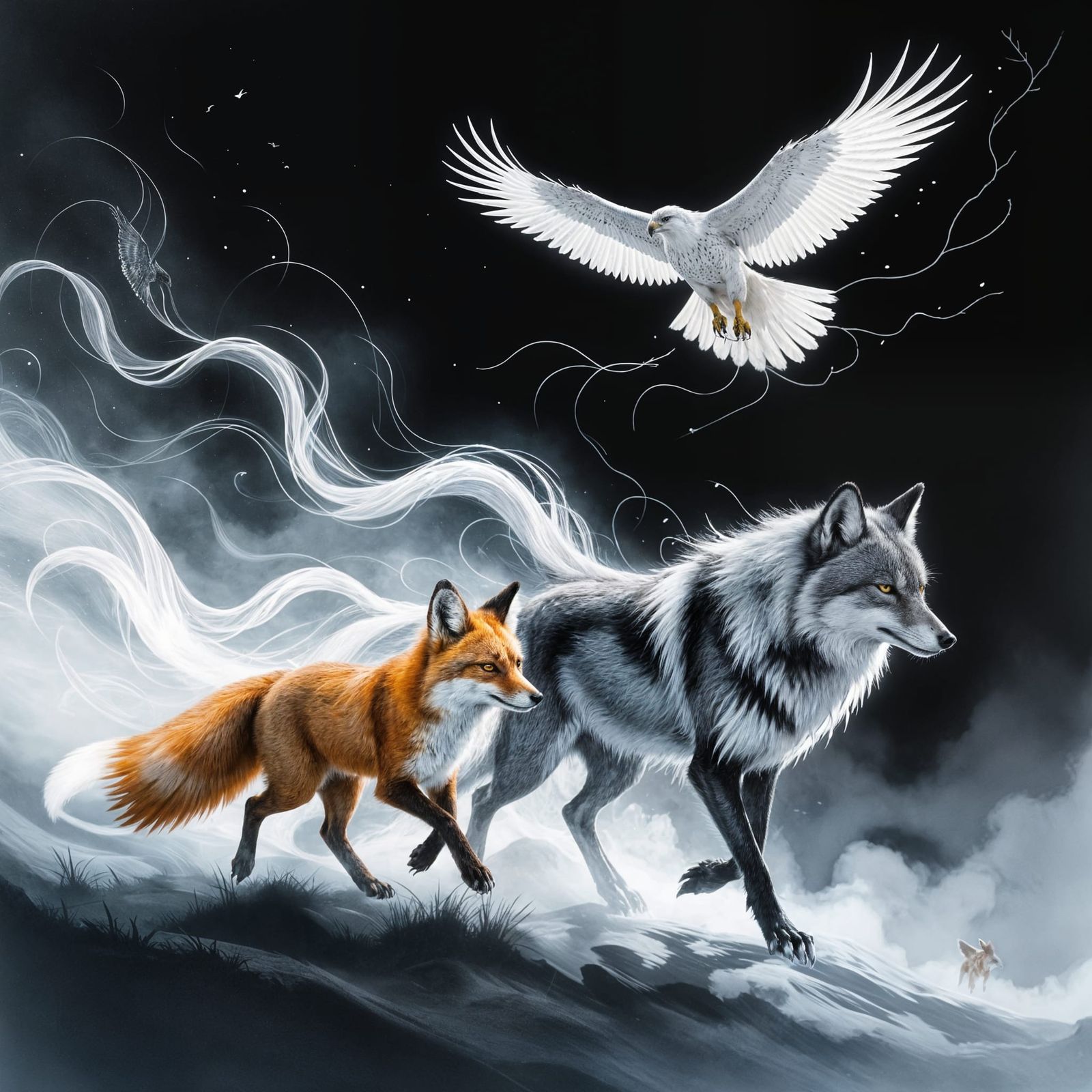 Spiritual Hawk, Fox, and Wolf Journey in Black and White