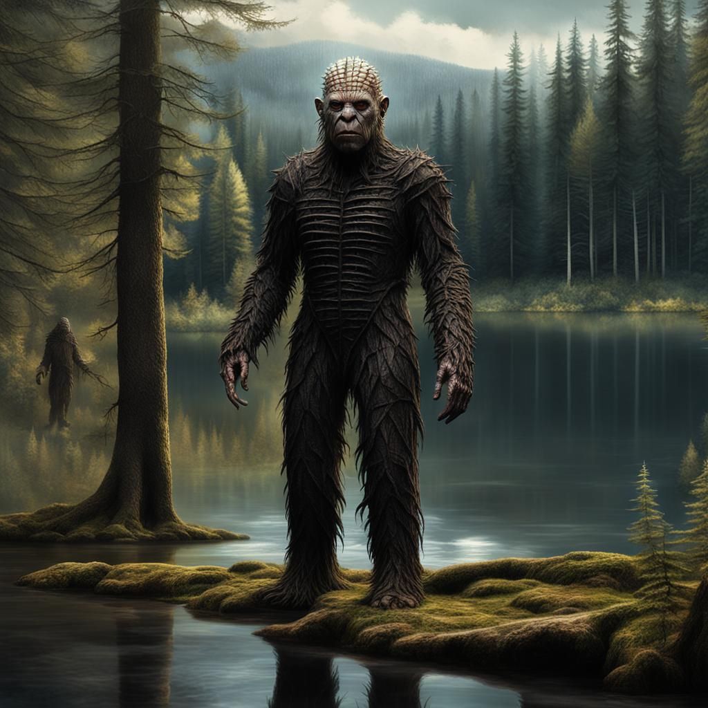 Female Sasquatch as Pinhead in Forest Scene