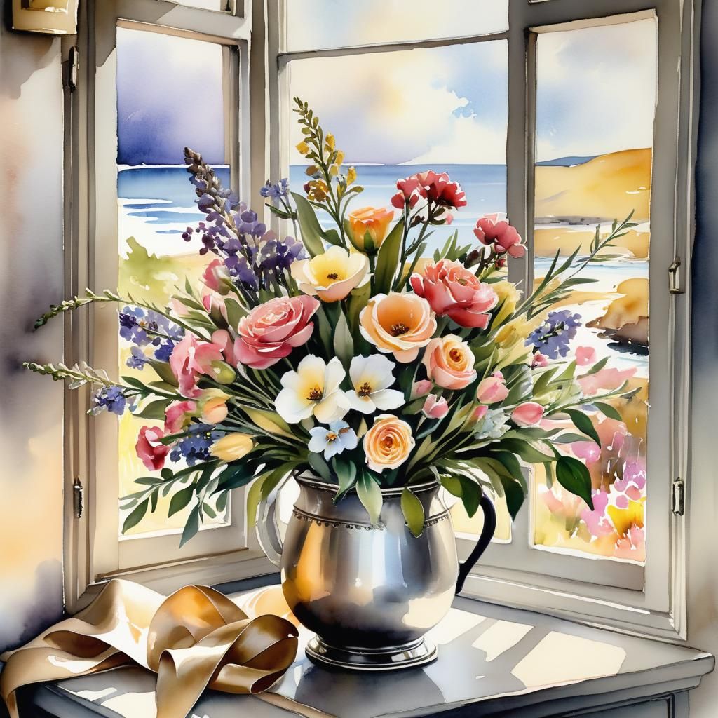 Charming Cottage Bouquet in Watercolor Ink Style