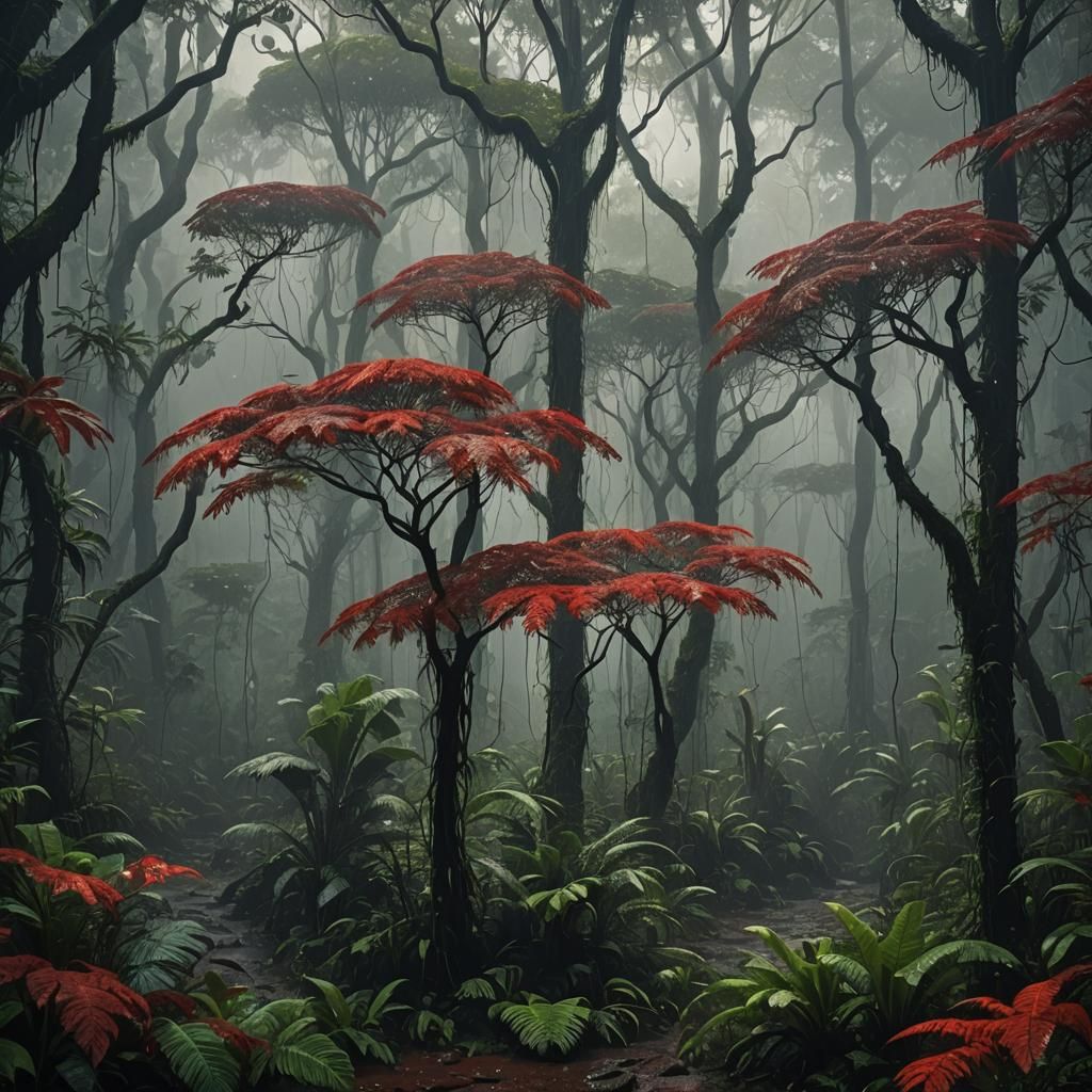 Eerie Red Rainforest in Digital Matte Painting Style