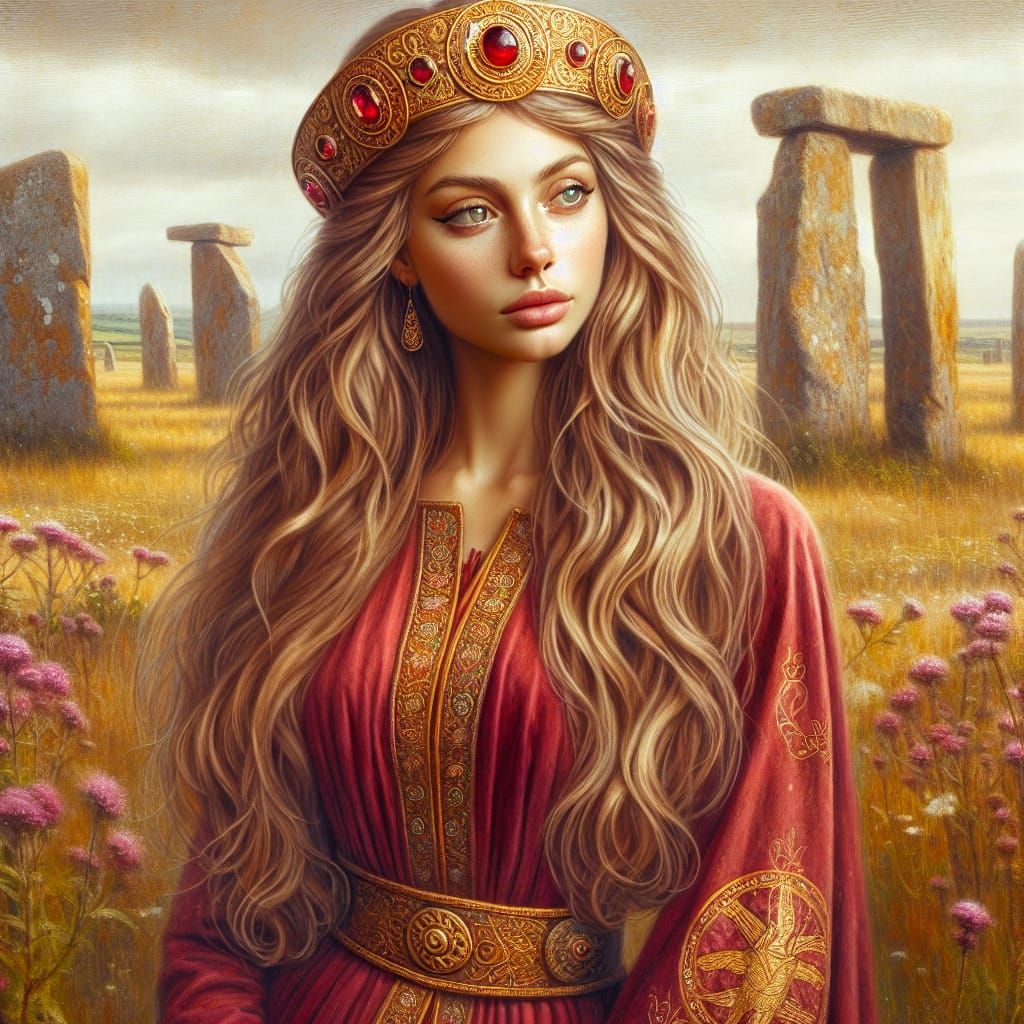 Anglo-Saxon Goddess of Spring and Fertility in Vibrant Flora...