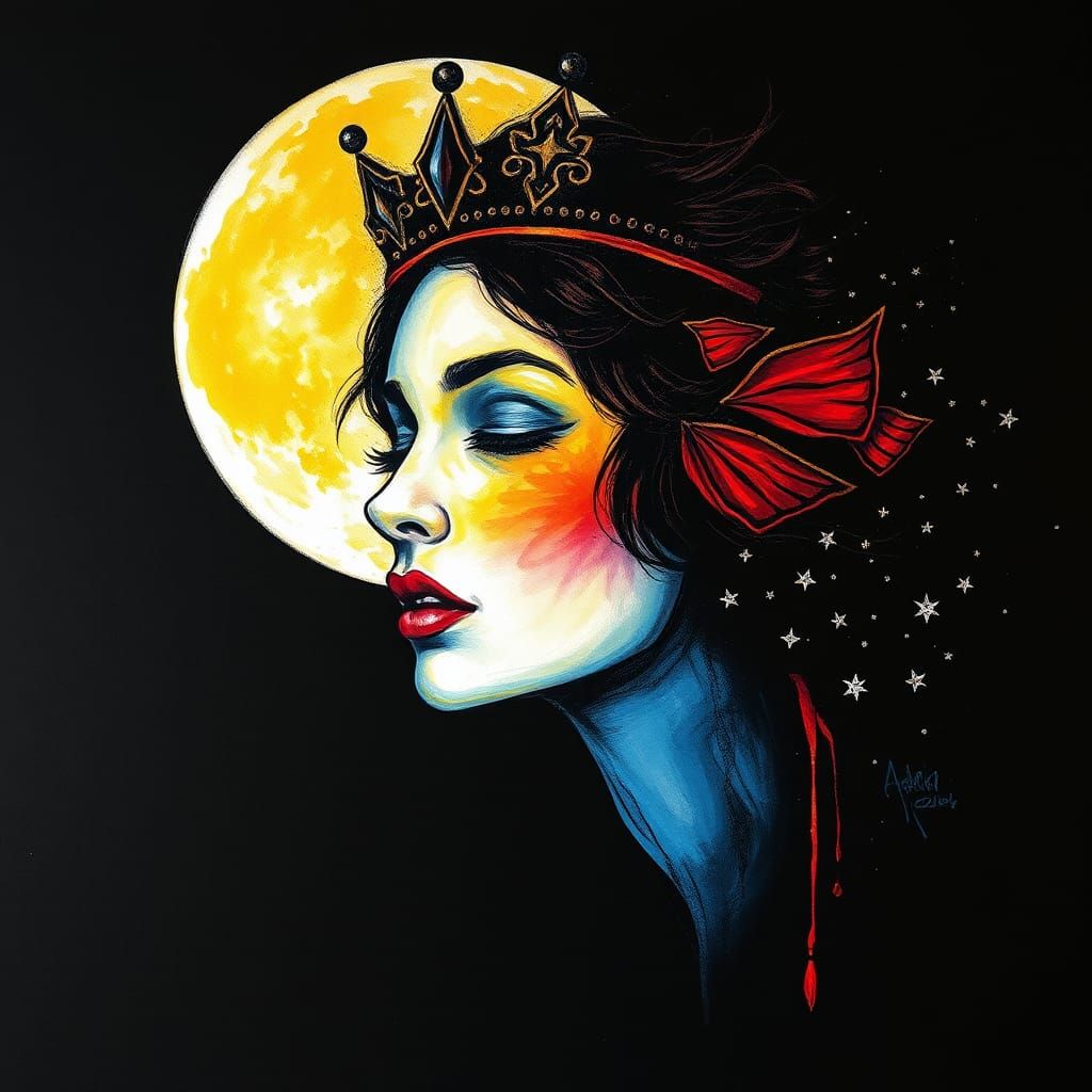 Glowing Moon Queen Portrait in Charcoal and Gouache