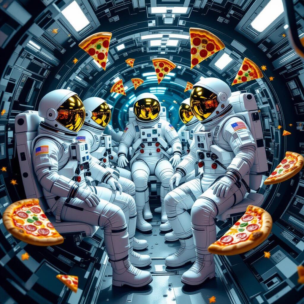 Astronauts Enjoying Pizza in Futuristic Spaceship