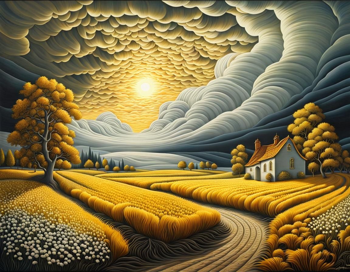 Surreal White Landscape with Sunbeams and Stormy Clouds