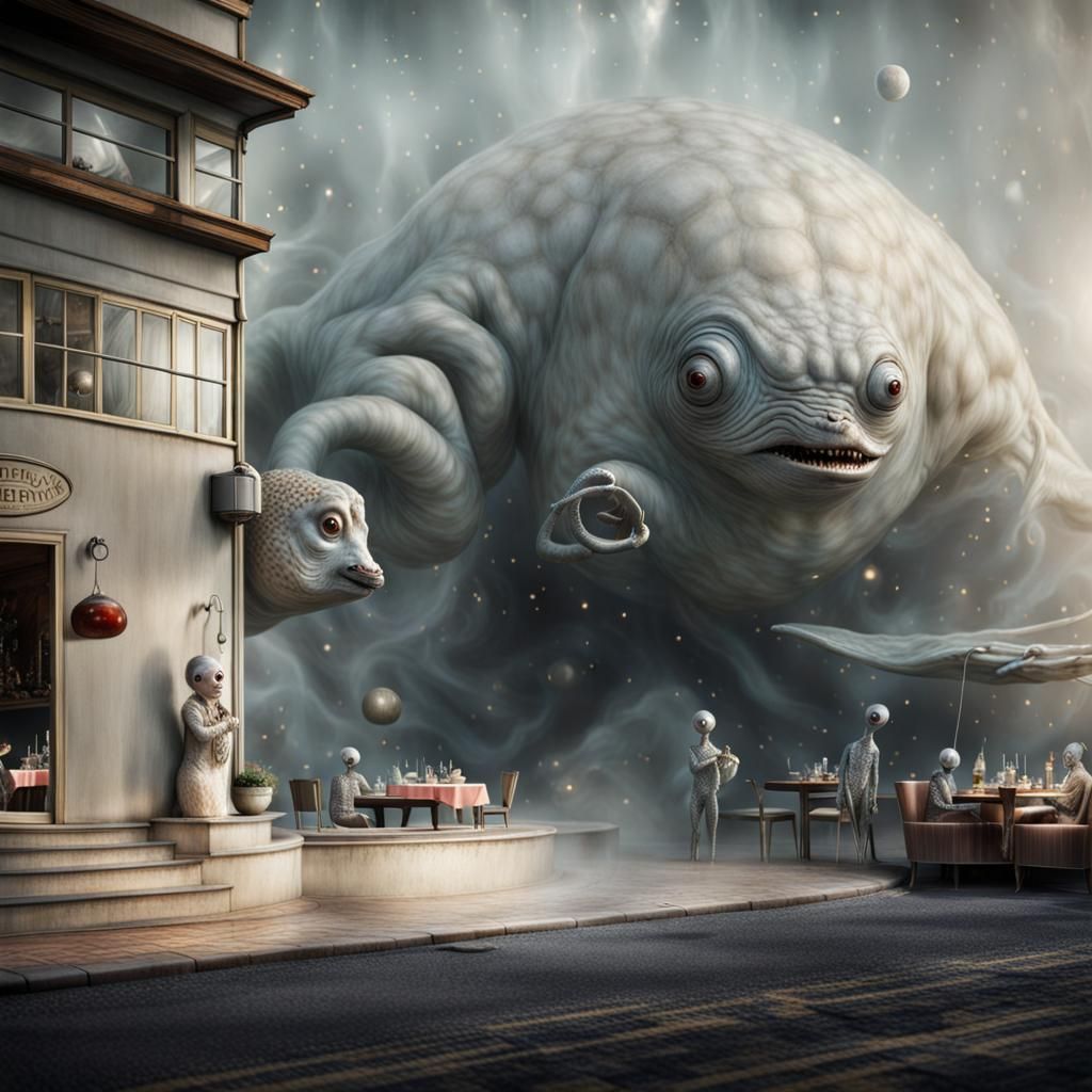 Surreal Restaurant Scene with Exotic Aliens, Professional Ph...