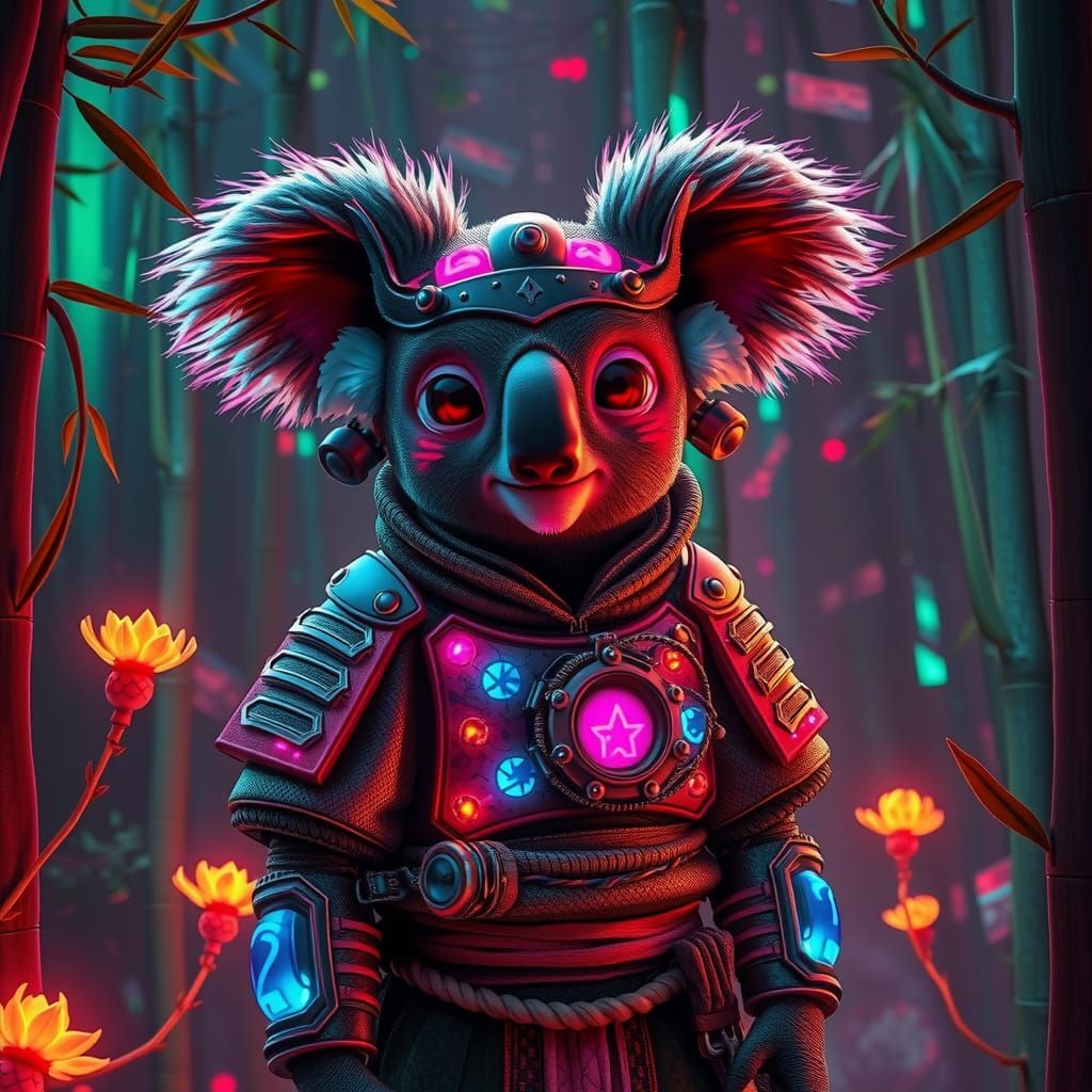 Koala Alien Samurai in Neon Bamboo Forest