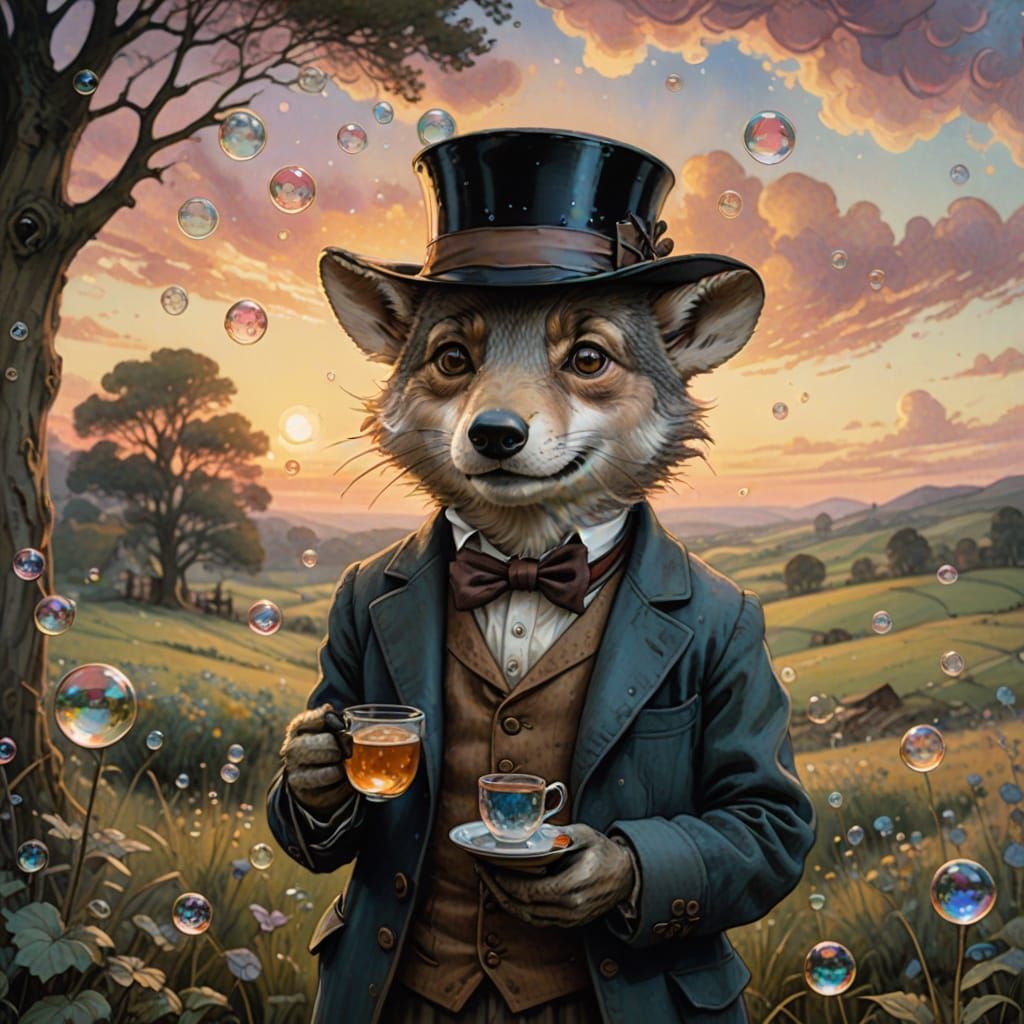 Dapper Wolf Cub Sipping Tea, Watercolor Style