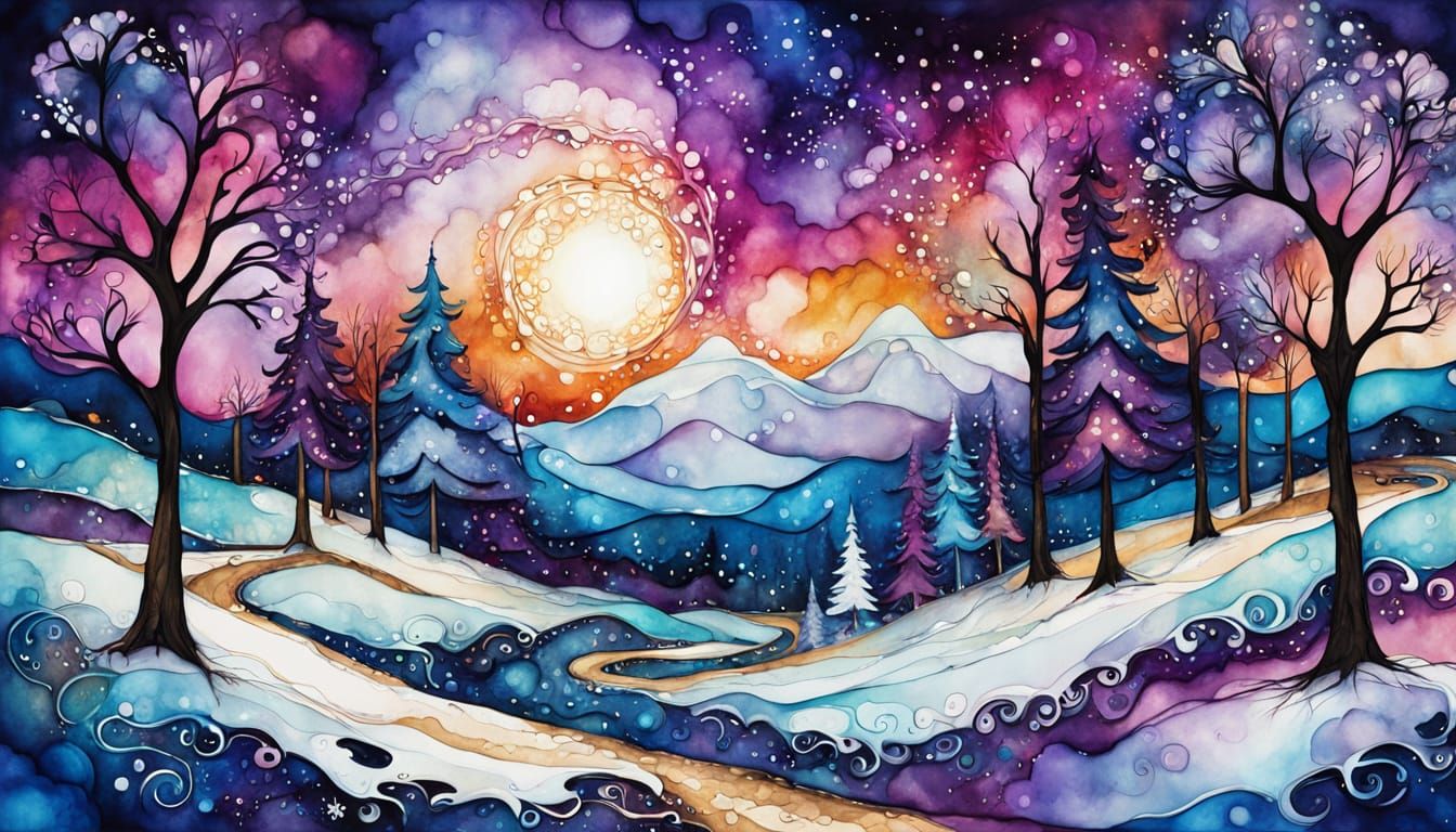 Magical Christmas Forest Path in Alcohol Ink Style