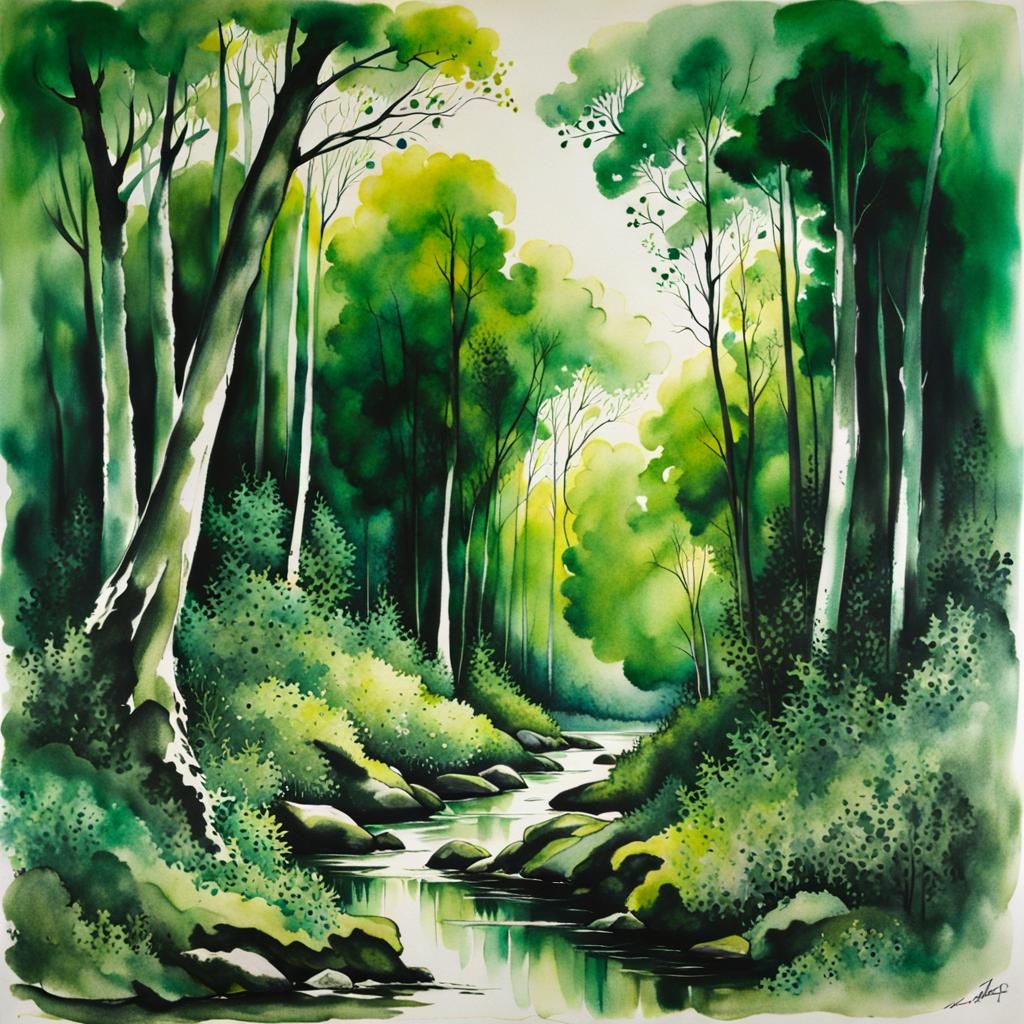 Green Forest in Ink and Wash Style