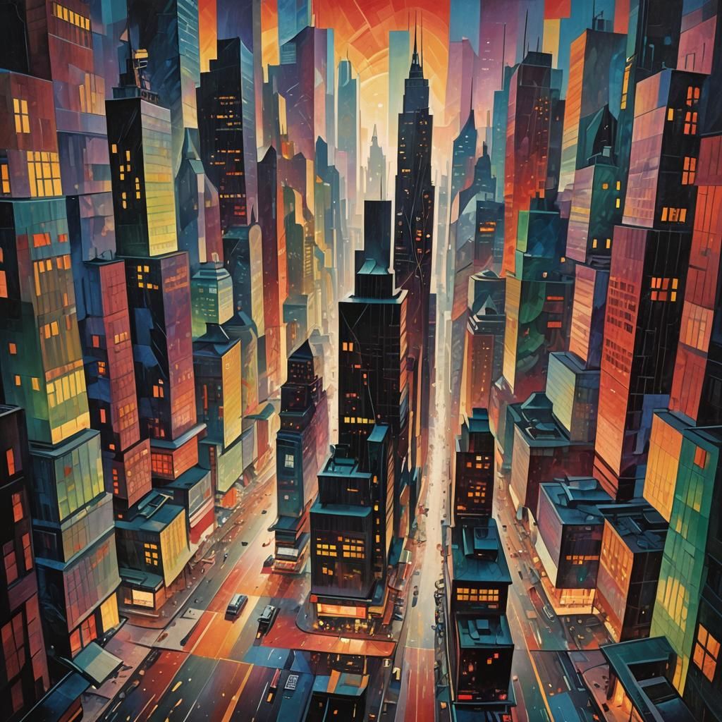Cubist Cityscape at Dusk with Neon Reflections