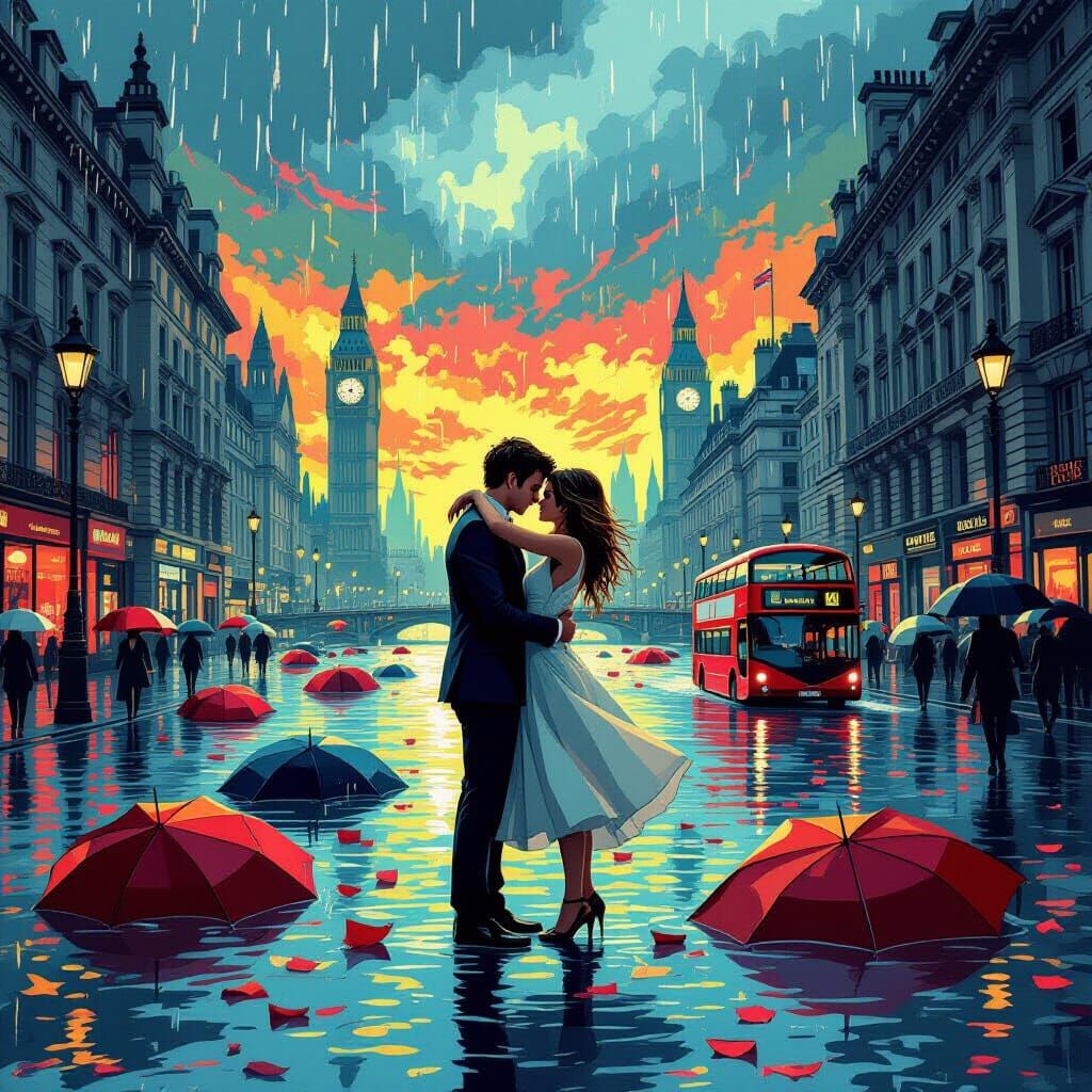 Romantic Embrace During London Earthquake and Flood