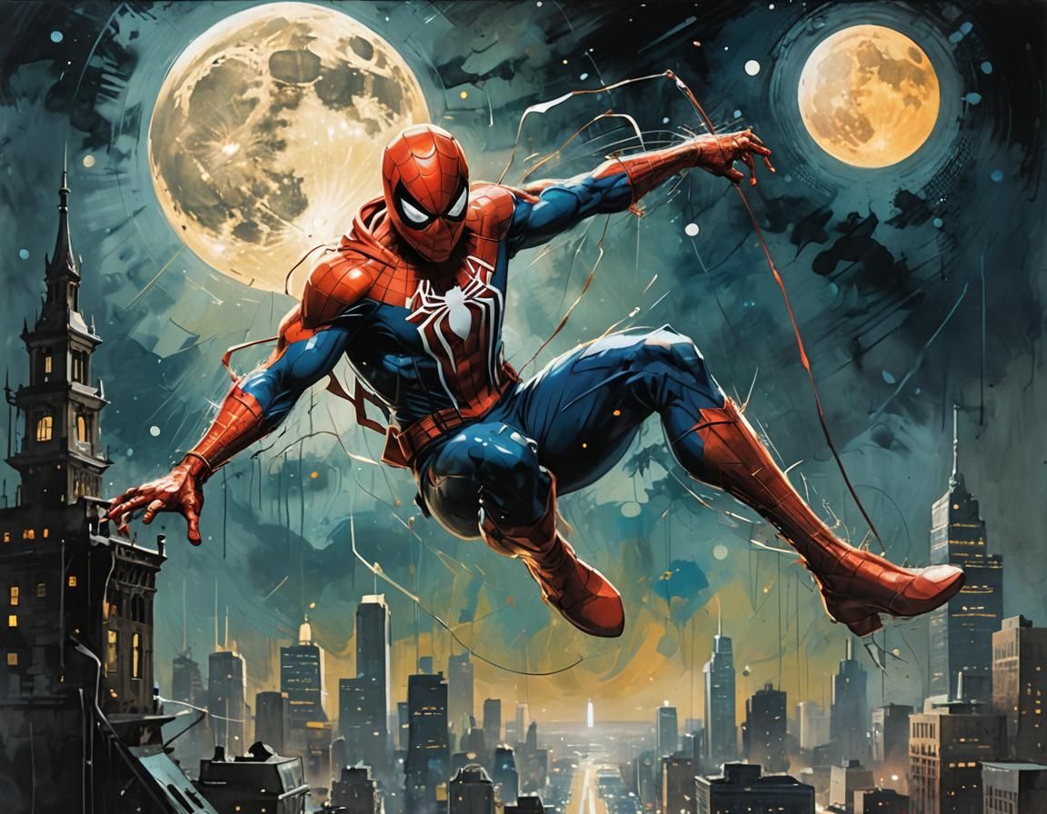 Spider-Man Swings: Gouache-Style Impressionist Painting