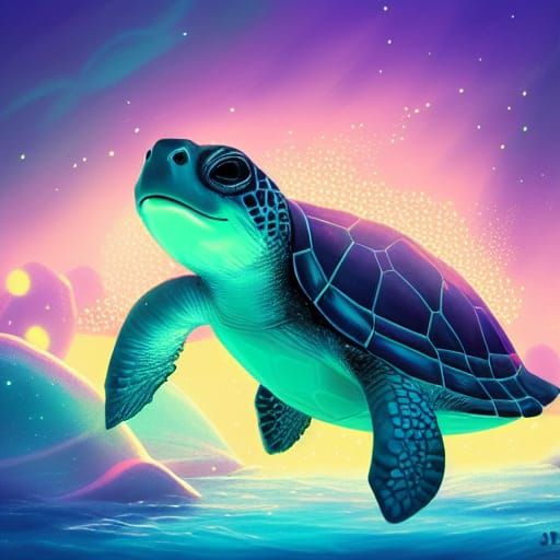 Adorable Chibi Turtle with Fluorescent Fish, Digital Art