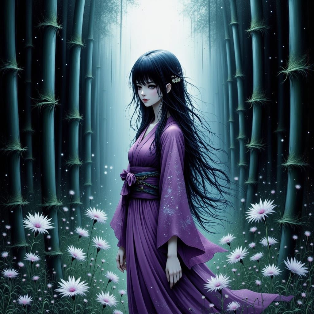 Mystical Yokai Woman in Moonlit Bamboo Forest