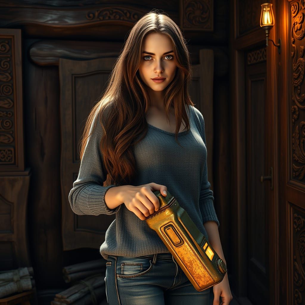 Confident Fantasy Art Piece in a Dreamy, Carved Wood Setting