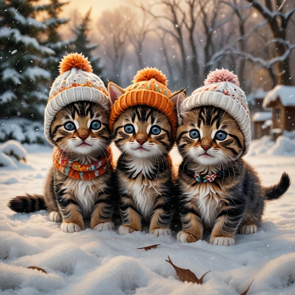 Cheerful Kittens in Winter Hats: Digital Art