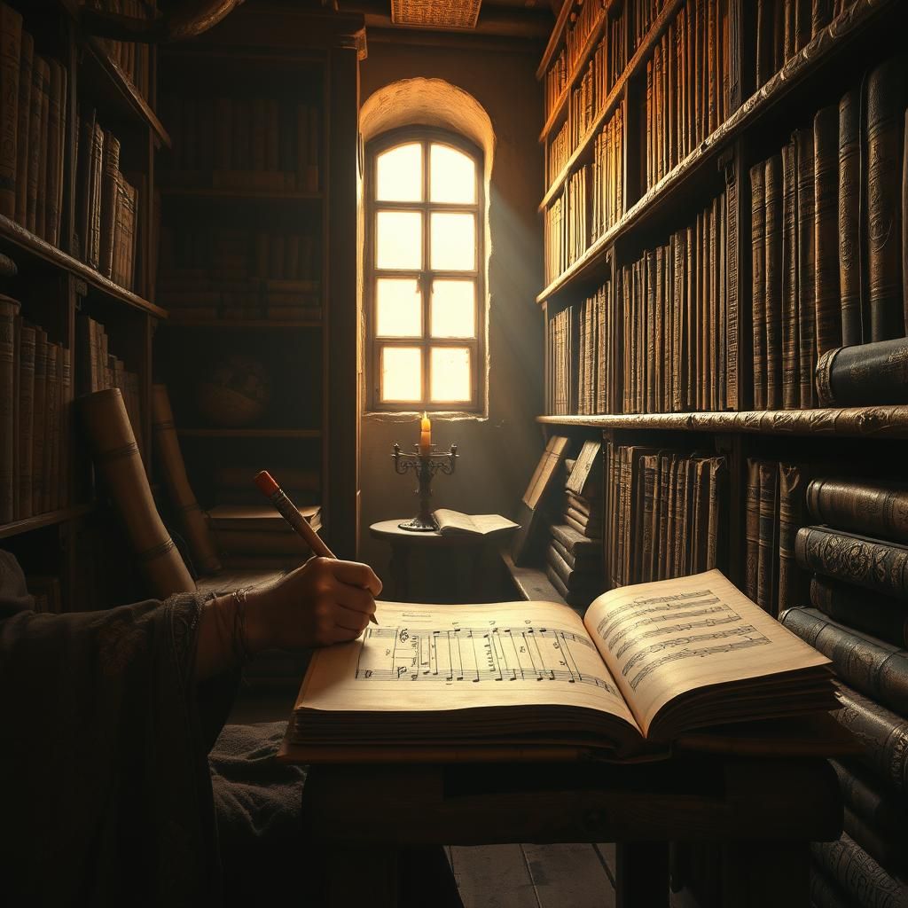 Ancient Scribe Composing Melody on Papyrus