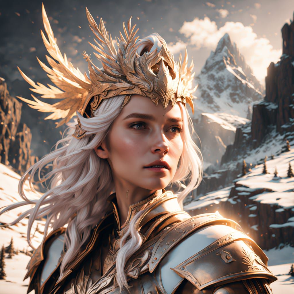 Divine Knight Lady in Golden Armor on Snowy Peak