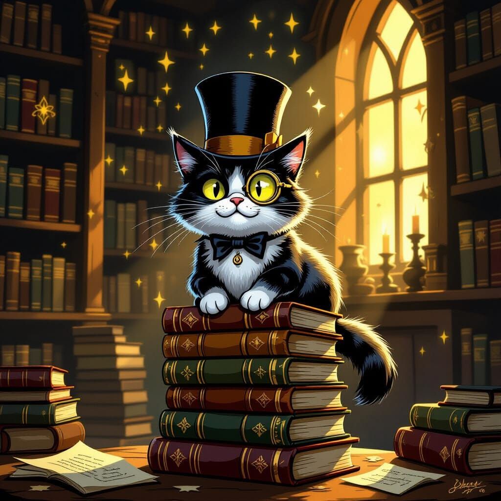 Mischievous Cat in Top Hat on Books in Storybook Style