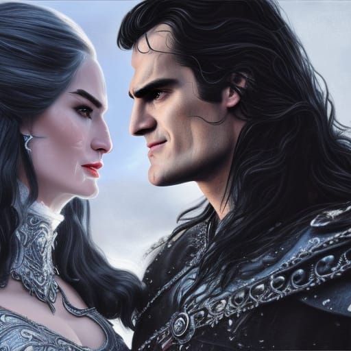Lich King and Yennefer Kissing Hand: Photorealistic Oil Pain...