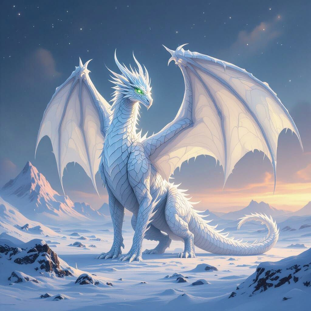 Majestic Ice Dragon Over Frozen Tundra