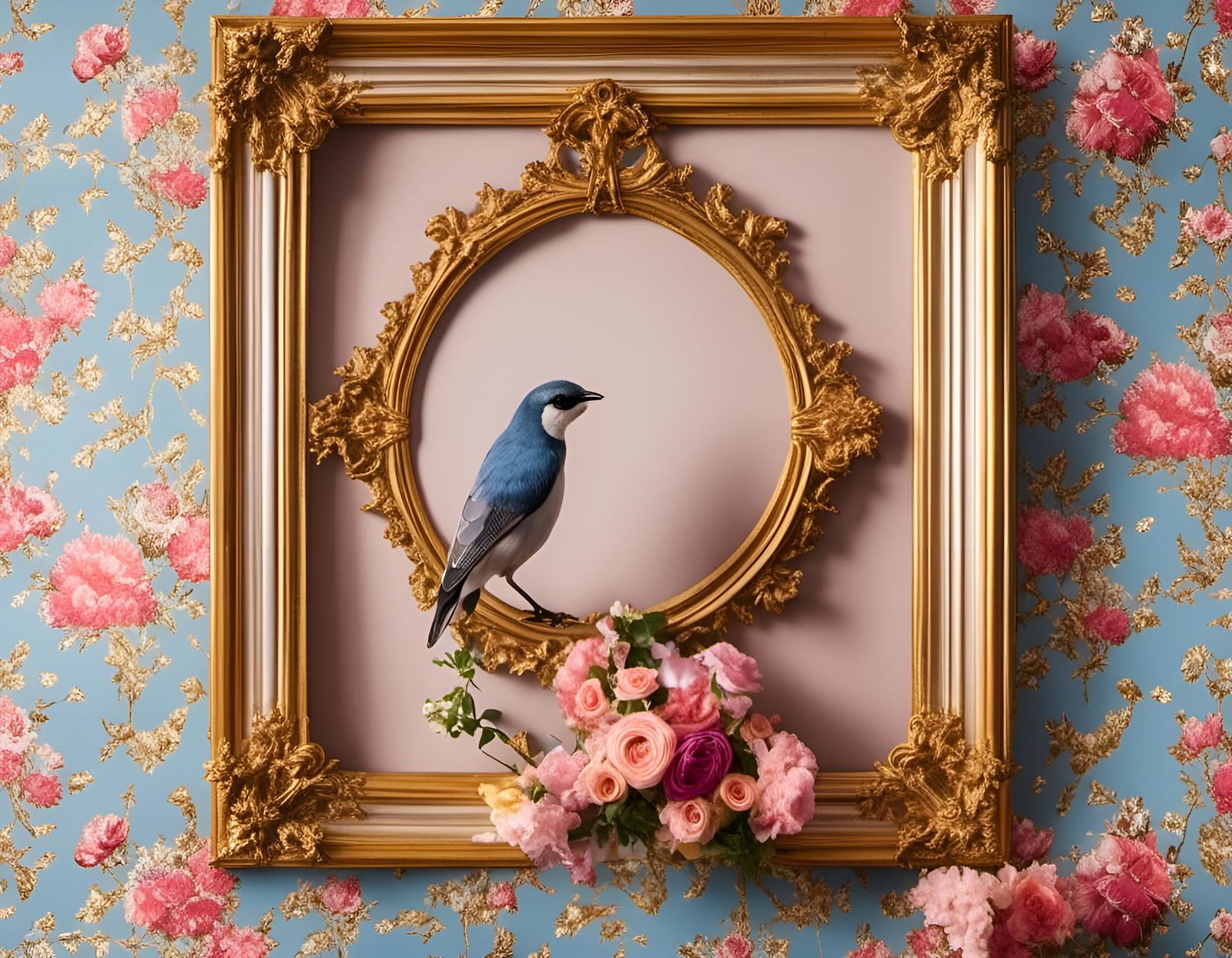 Bird Posing Behind Gilded Frame