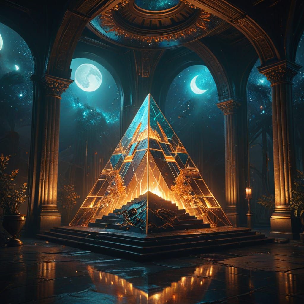 Golden Crystal Pyramid in Vibrant Galaxy with Stars and Moon