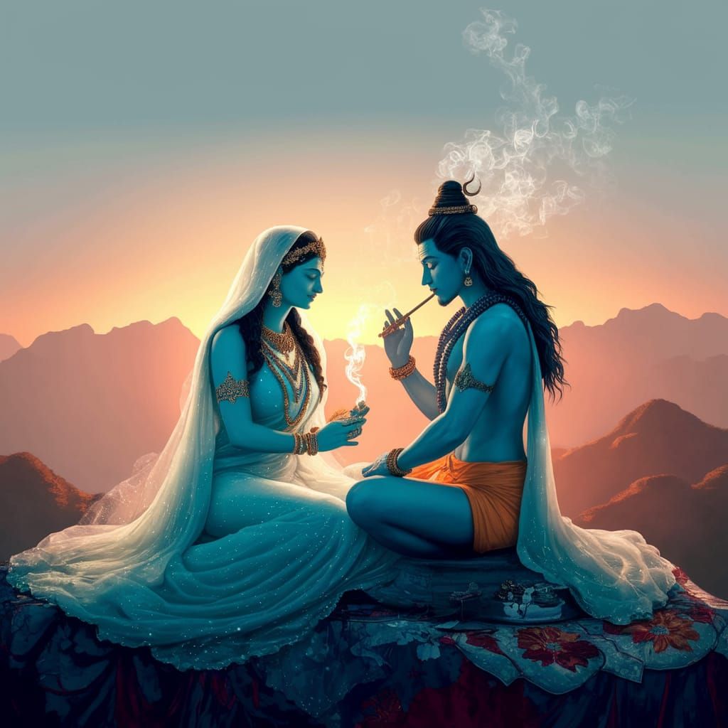 Ethereal Shiva and Parvati in Himalayan Sunrise