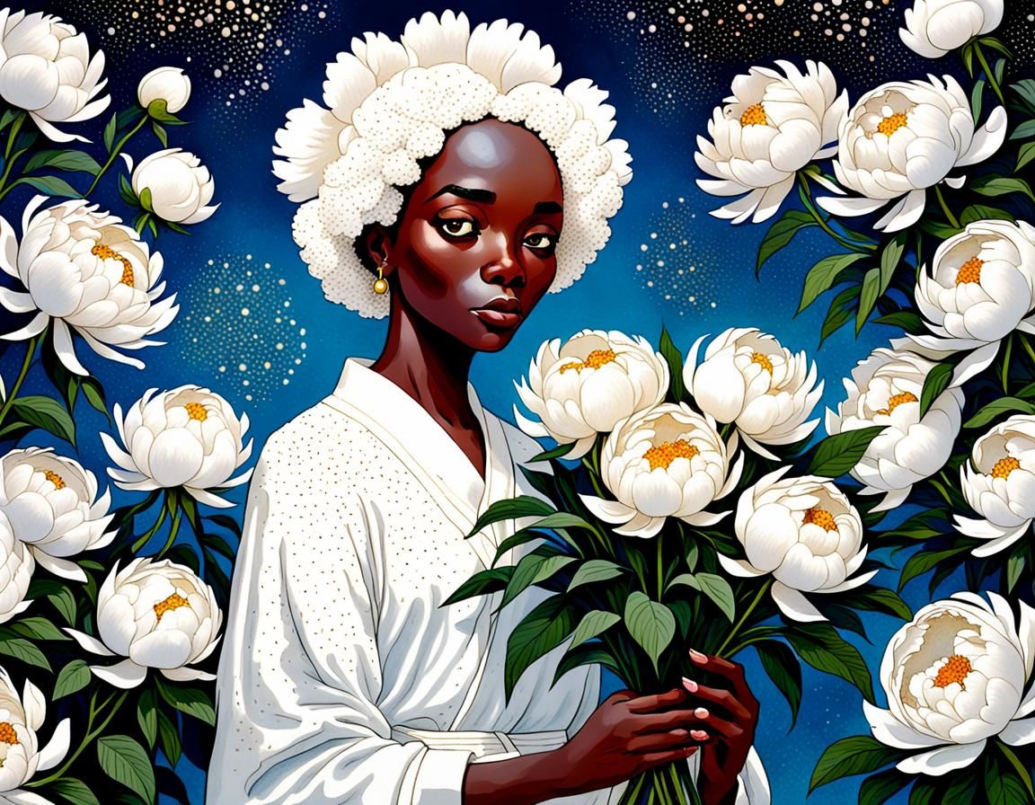 Melanin Mother's Day Peonies in Pointillism Style