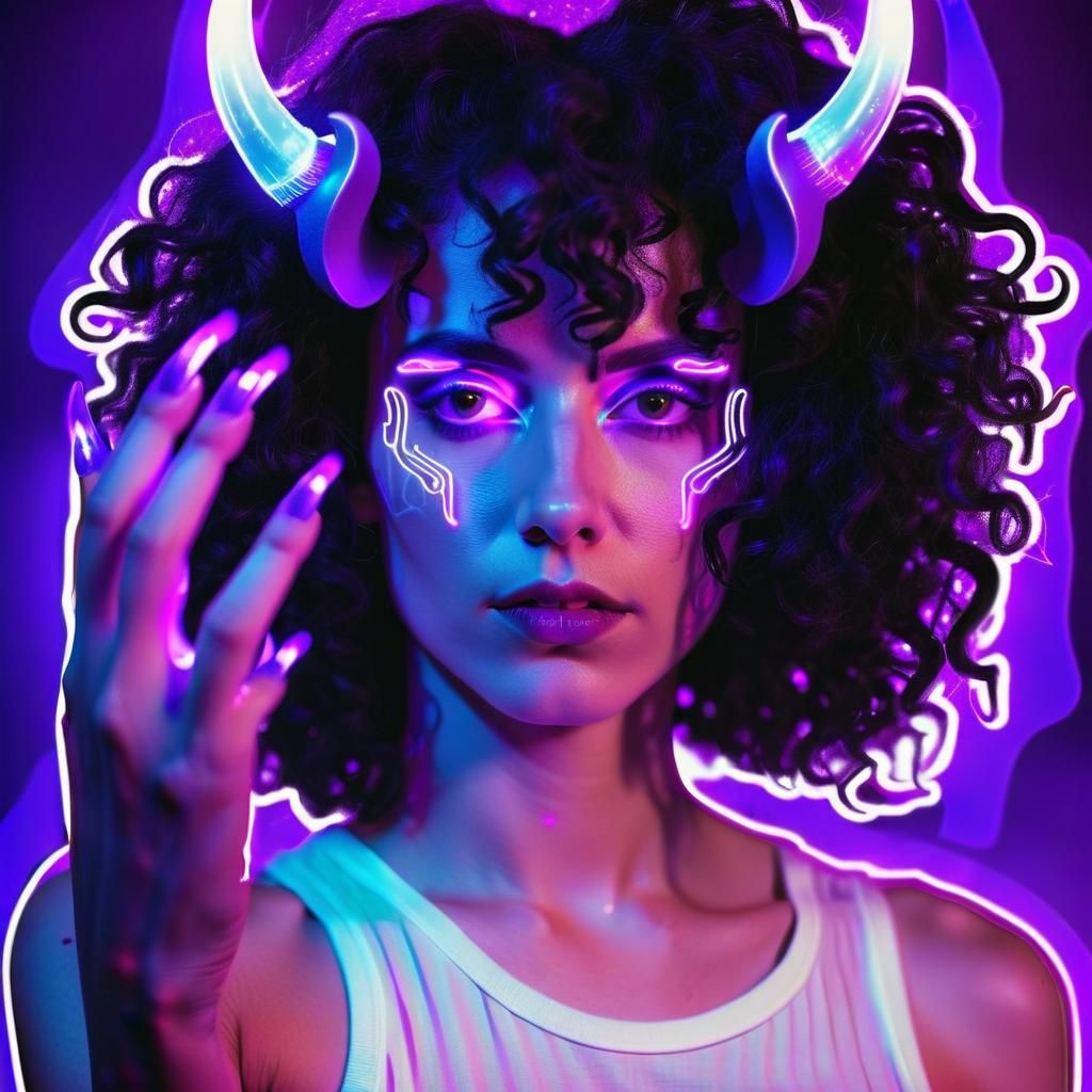 Cyberpunk Trans-Woman with Glowing Horns in Neon City