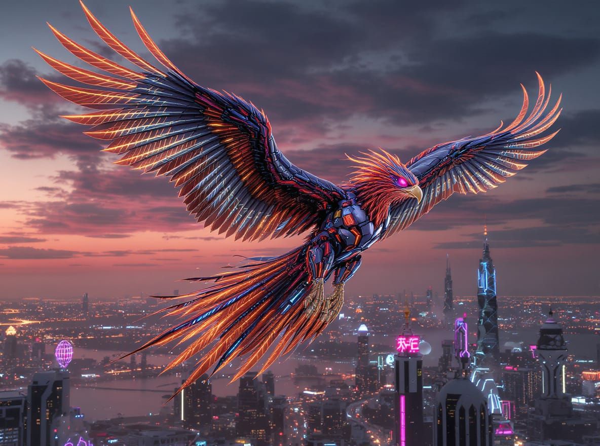 Cyberpunk Phoenix Over Futuristic Cityscape