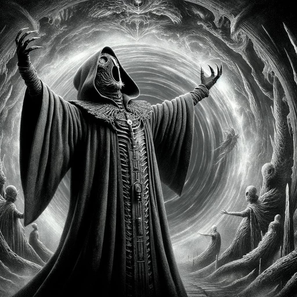 Dark Fantasy Cultist Embraces Otherworldly Portal