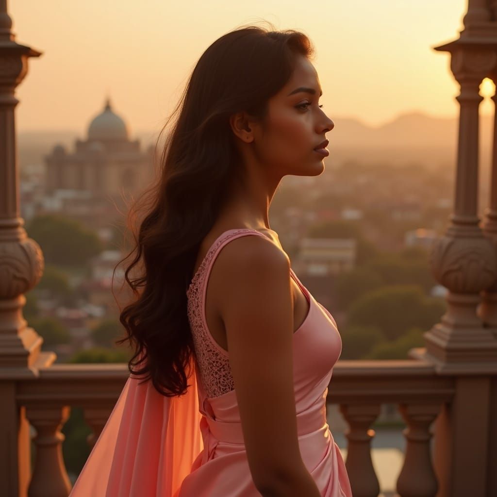 Indian Woman in Pink Satin Saree Blouse on Balcony