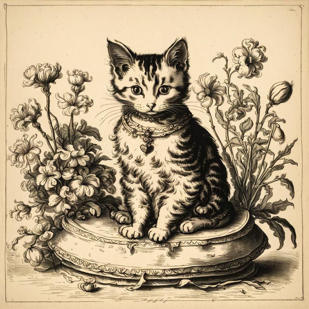 Cute Cat with Flowers in Etching Style