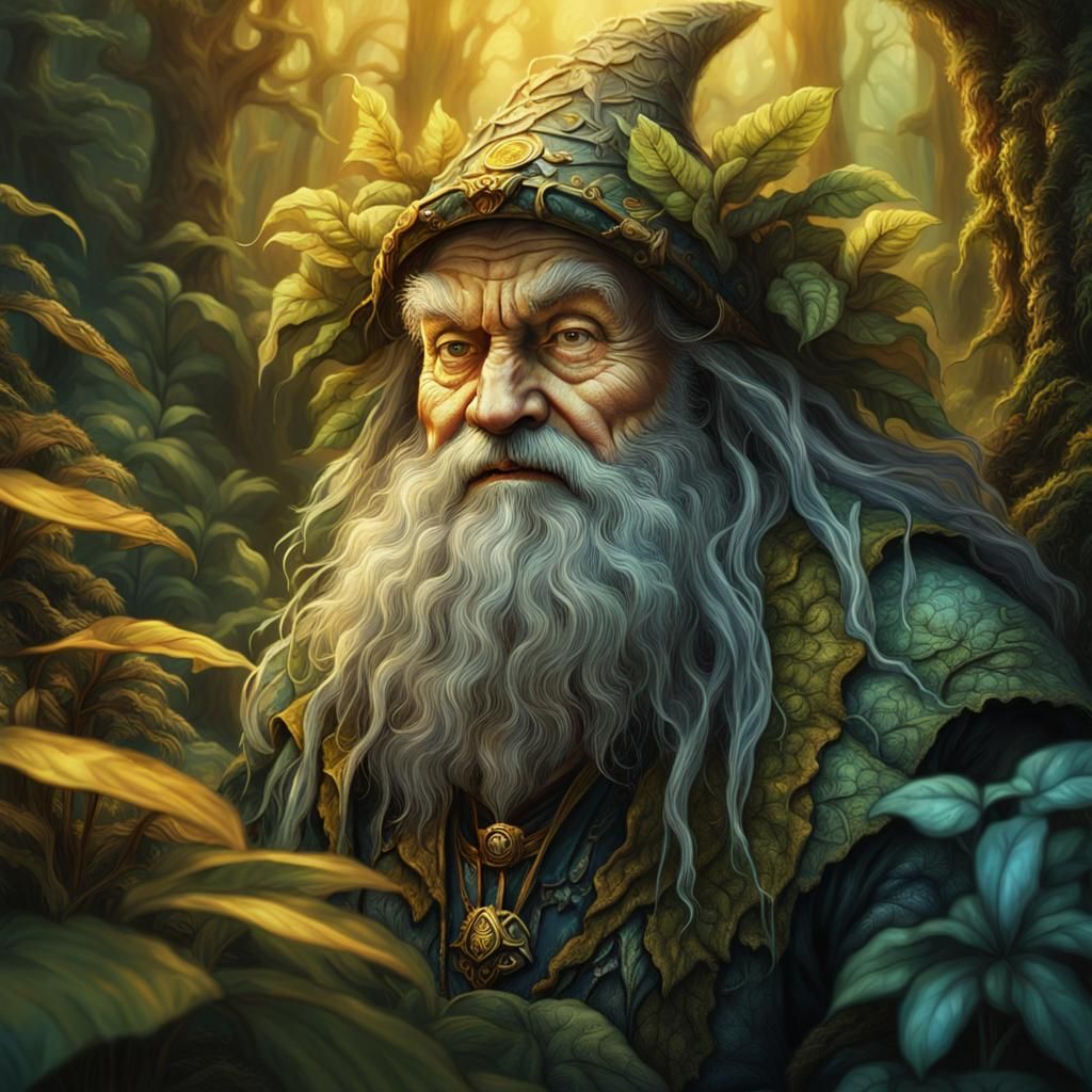 Dwarf Wizard in Mystical Forest: Art Nouveau