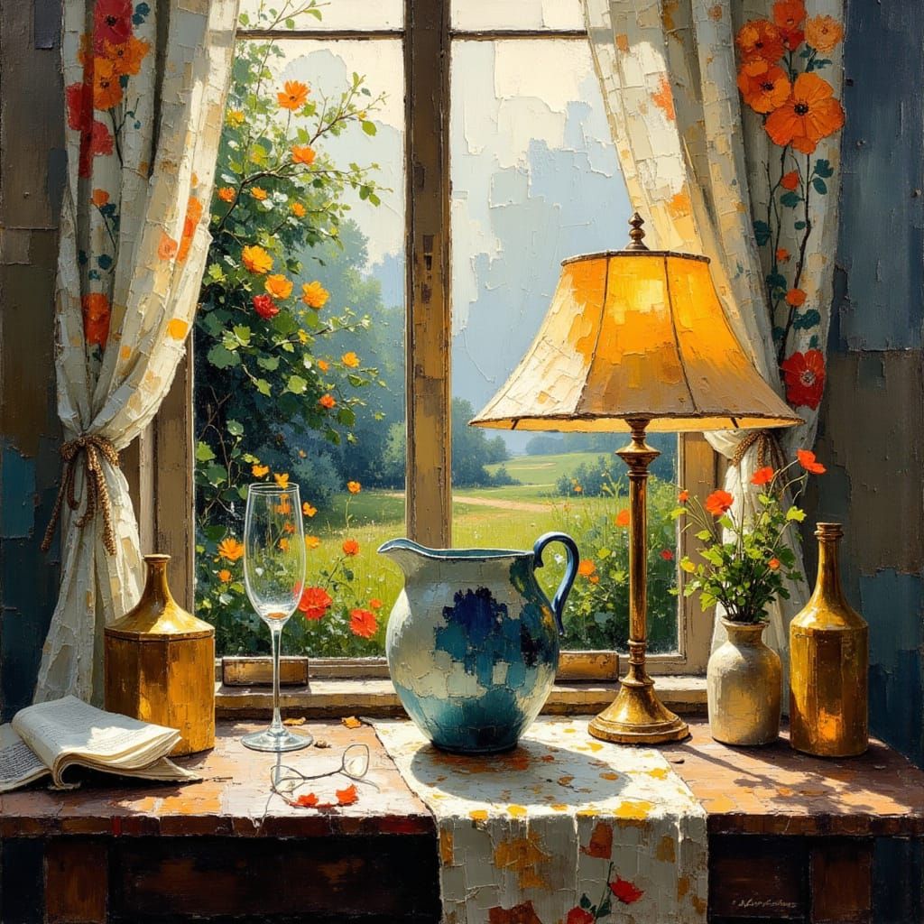 Ceramic Lamp in English Garden, Impasto Oil Painting Style
