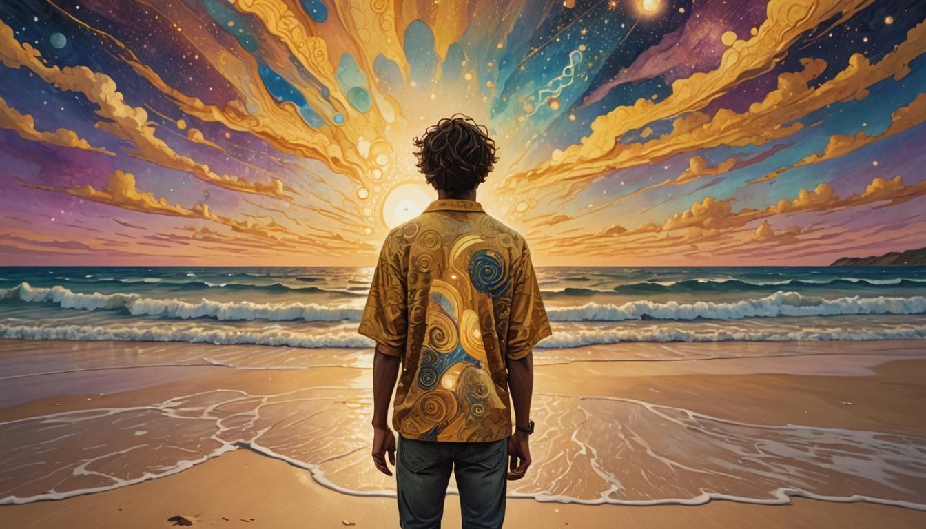 Cosmic Sunset Beach Scene in Mixed Media Style