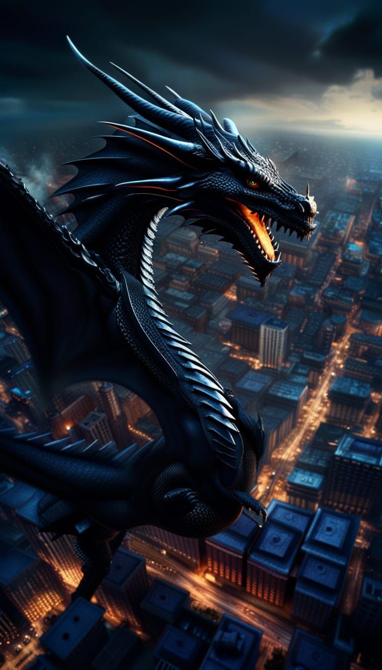 Black Dragon Over City: Epic 3D Render