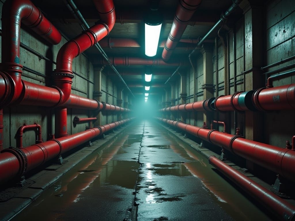 Endless Industrial Tunnel with Red Pipes and Cold Lights