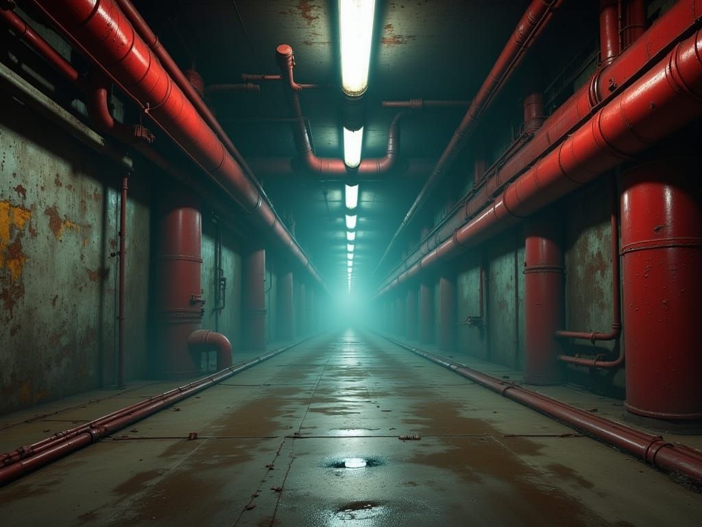 Endless Industrial Tunnel with Red Pipes