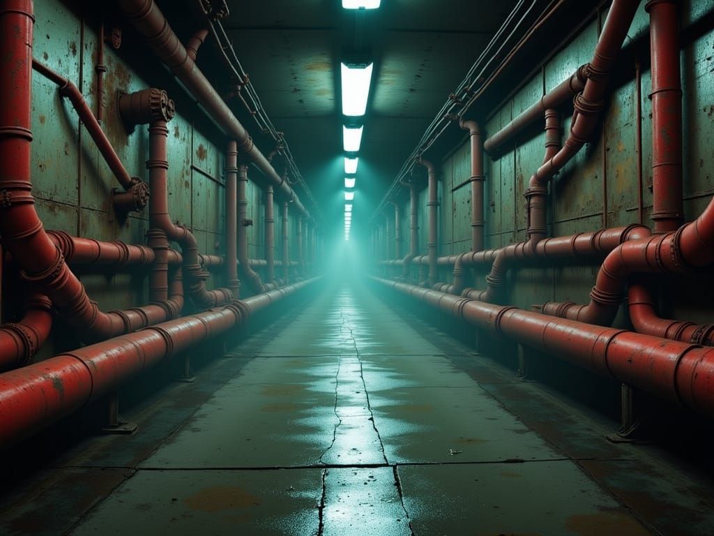 Endless Industrial Tunnel with Red Pipes, Eerie Atmosphere